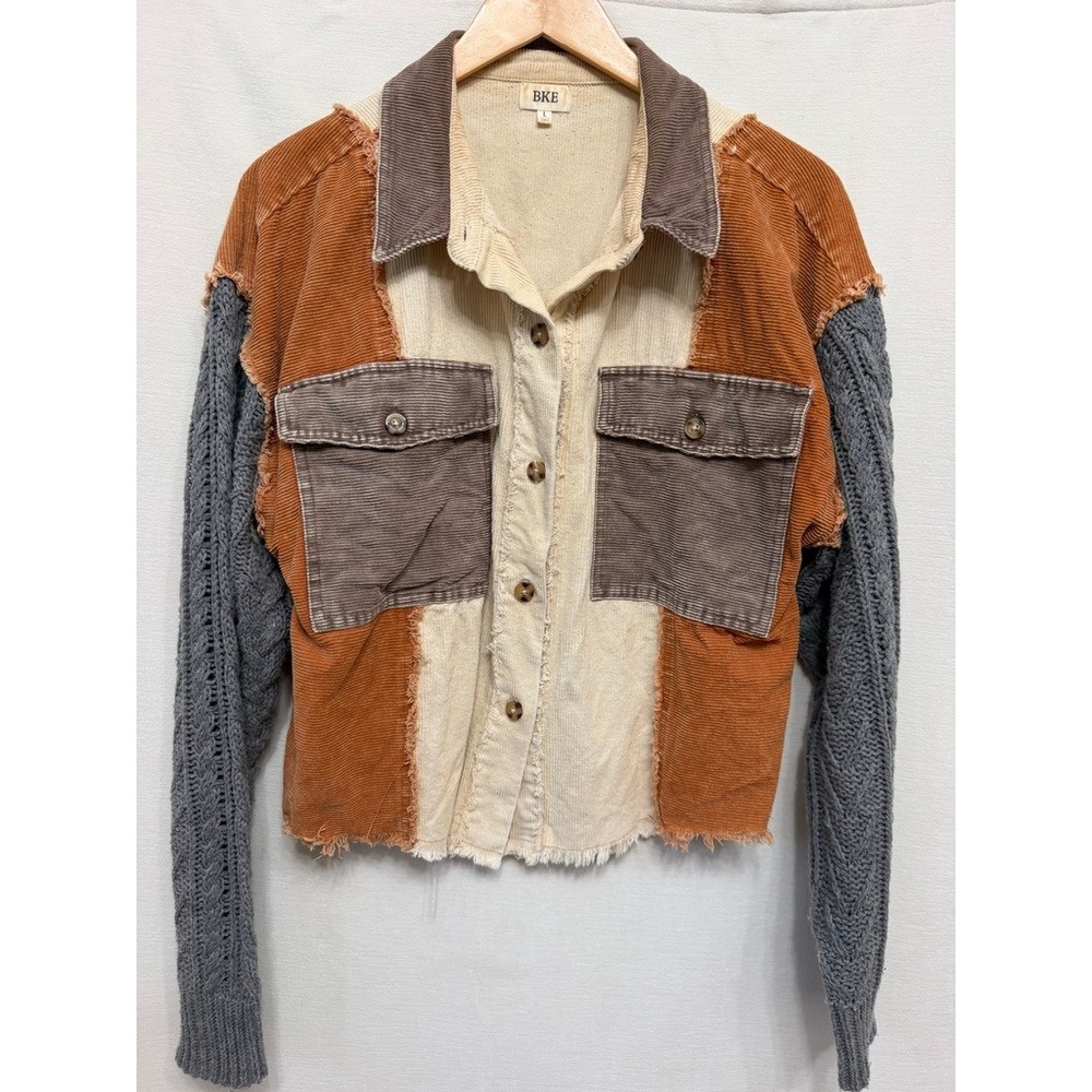 BKE Mixed Media Corduroy Patchwork Cable Knit Shacket Large PK22064